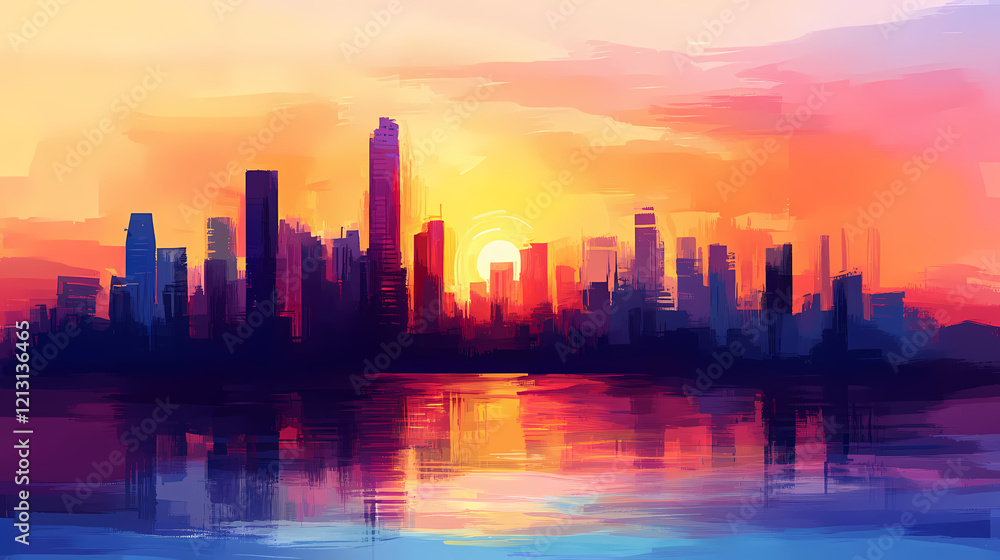 Abstract city skyline at sunset with vibrant colors. Vibrant Horizon. Illustration Abstract city skyline at sunset with vibrant colors. Vibrant Horizon. Illustration