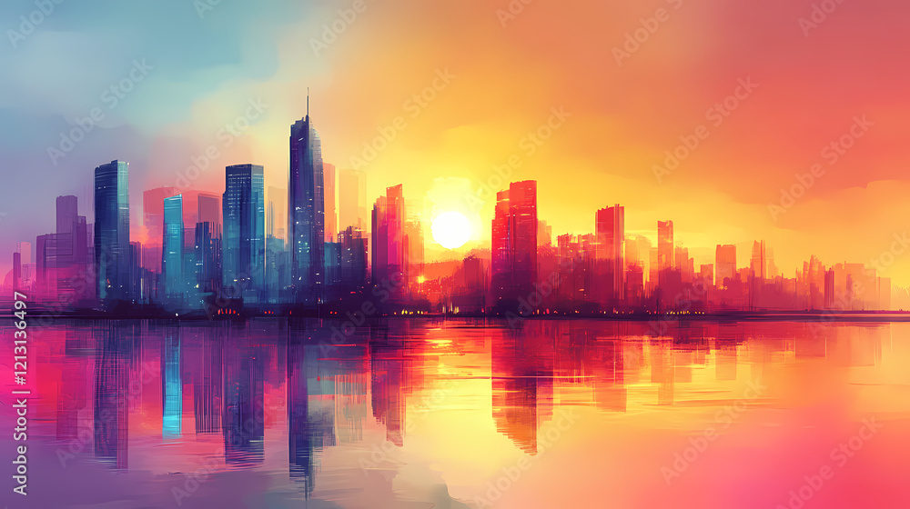 Abstract city skyline at sunset with vibrant colors. Vibrant Horizon. Illustration Abstract city skyline at sunset with vibrant colors. Vibrant Horizon. Illustration