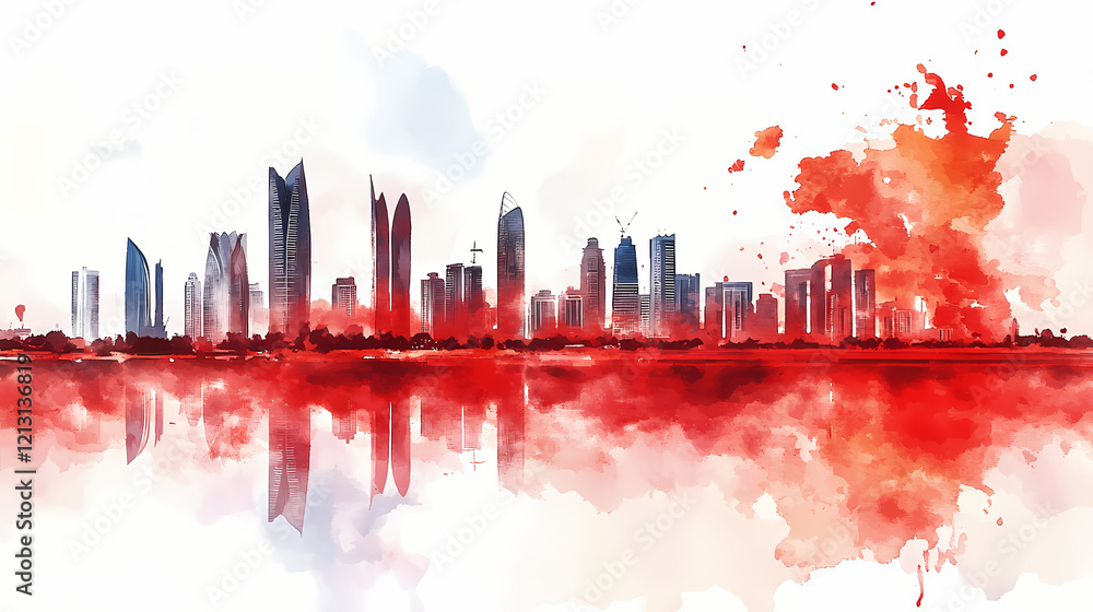 Bahrain national day vibrant red watercolor cityscape skyline with modern urban architecture. horizon. illustration. Vibrant Horizon. Illustration Bahrain national day vibrant red watercolor cityscape skyline with modern urban architecture. horizon. illustration. Vibrant Horizon. Illustration