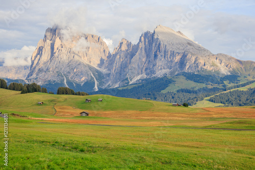 Alpe di Siusi with Plattkoffel and Langkoffel and little alm huts houses