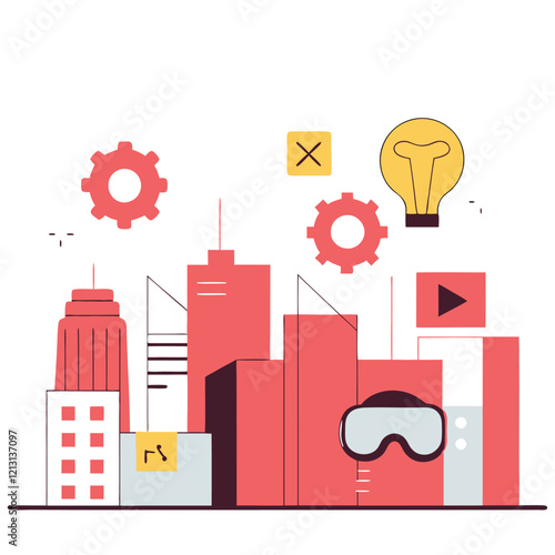 VR Software Development: City Skyline Innovation. Futuristic cityscape meets cutting-edge           