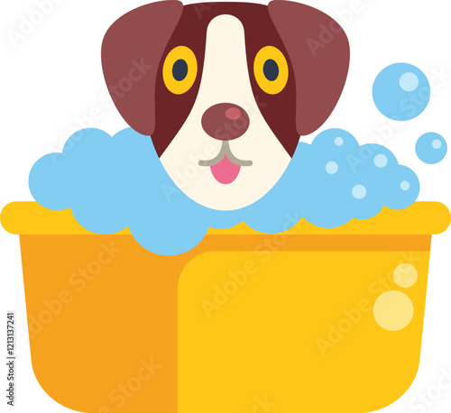 Happy brown and white dog is taking a bath in a yellow basin, enjoying being covered in soap foam bubbles