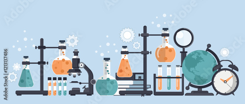 Laboratory equipment banner. Concept for science, medicine and knowledge. Flat vector illustration