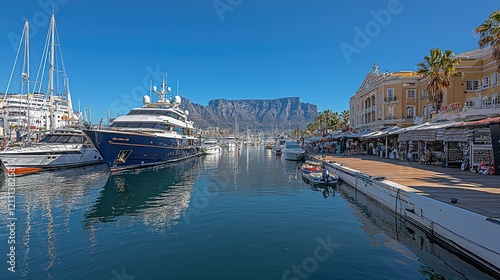Luxury Yachts Docked at Cape Town Harbor With Mountain View
