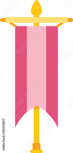 Pink vertical pennant hanging on a golden pole with crossbar, an illustration of an attribute of celebrations and medieval events