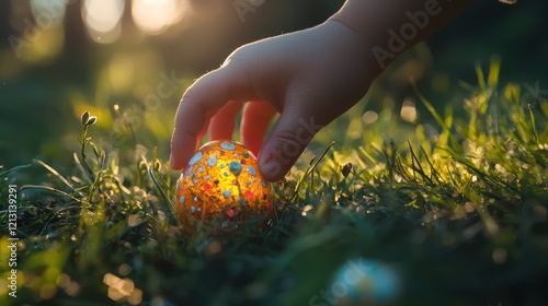 A a childa??s hand reaching for a brightly decorated Easter egg hidden in grass, capturing the excitement the hunt. photo