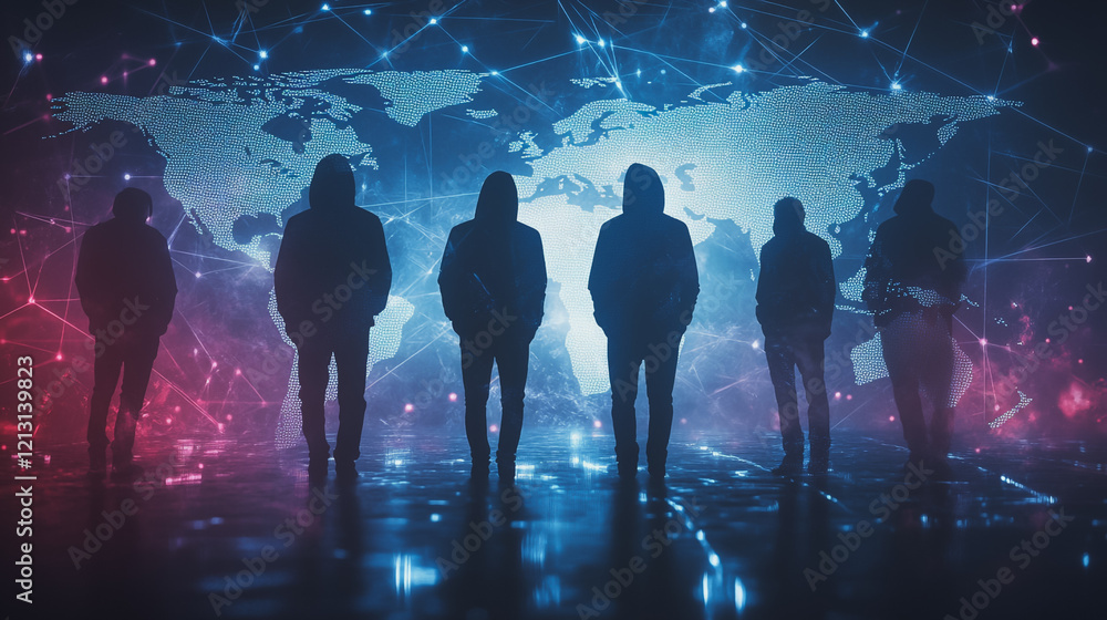 Fototapeta premium Hacker are planning to hack and attack networks and cyber security systems.team people innovation connection of line from nail node to node on map background , networking concept