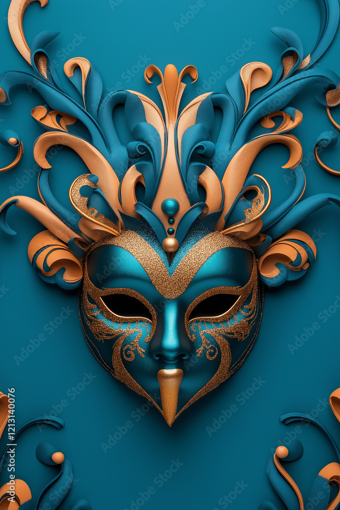 Naklejka premium Ornate Venetian mask in teal and gold.