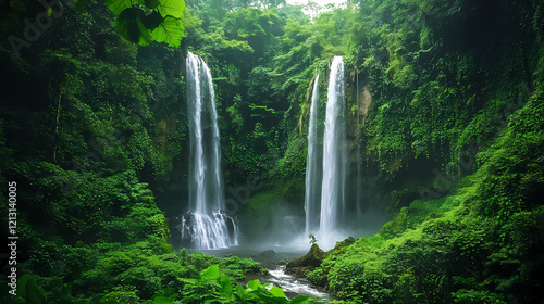 Lush jungle with stunning waterfalls and greenery. Waterfall Grove. Illustration