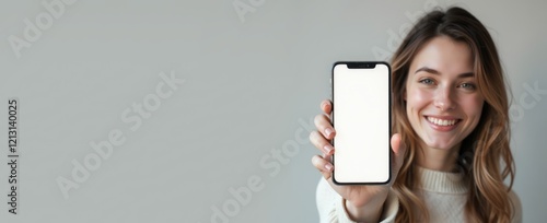 Cheerful woman displaying a blank smartphone screen mockup for banner or app design.