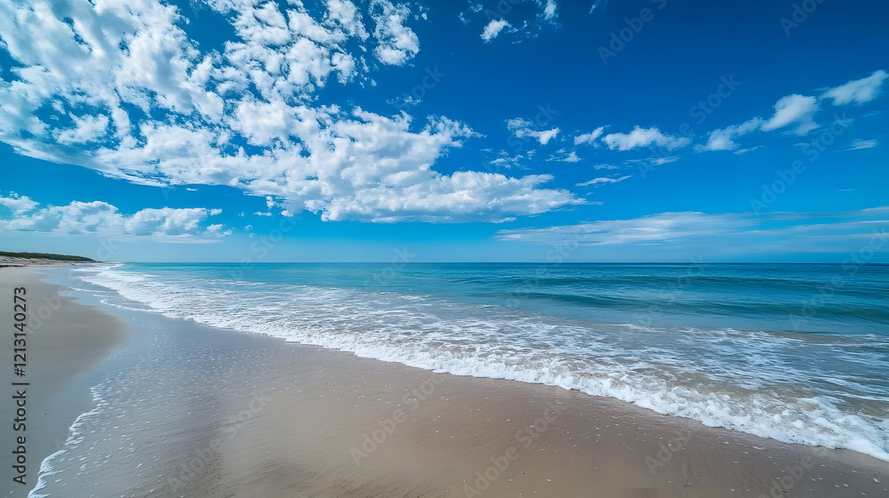 Serene ocean waves lapping at a sandy beach under a clear blue sky with scattered clouds creating a peaceful coastal atmosphere Serene ocean waves lapping at a sandy beach under a clear blue sky with scattered clouds creating a peaceful coastal atmosphere