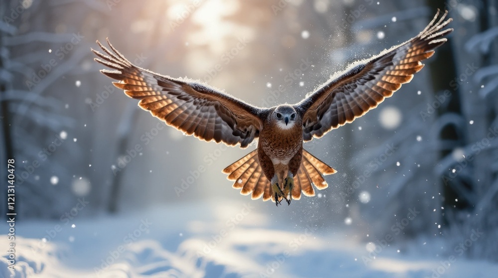 Fototapeta premium Bold Hawk in Snowy Forest