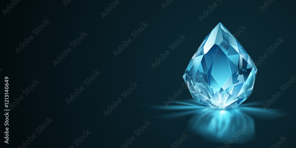 Large, faceted light blue gemstone with multiple reflective surfaces, with shadow and reflect, set against a dark background. Large, faceted light blue gemstone with multiple reflective surfaces, with shadow and reflect, set against a dark background.