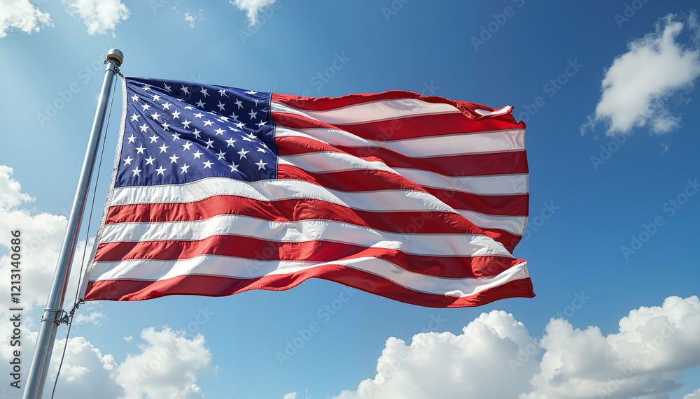 Obraz premium American flag waving in blue sky with white clouds