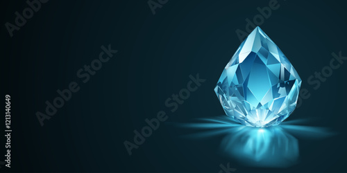 Large, faceted light blue gemstone with multiple reflective surfaces, with shadow and reflect, set against a dark background.