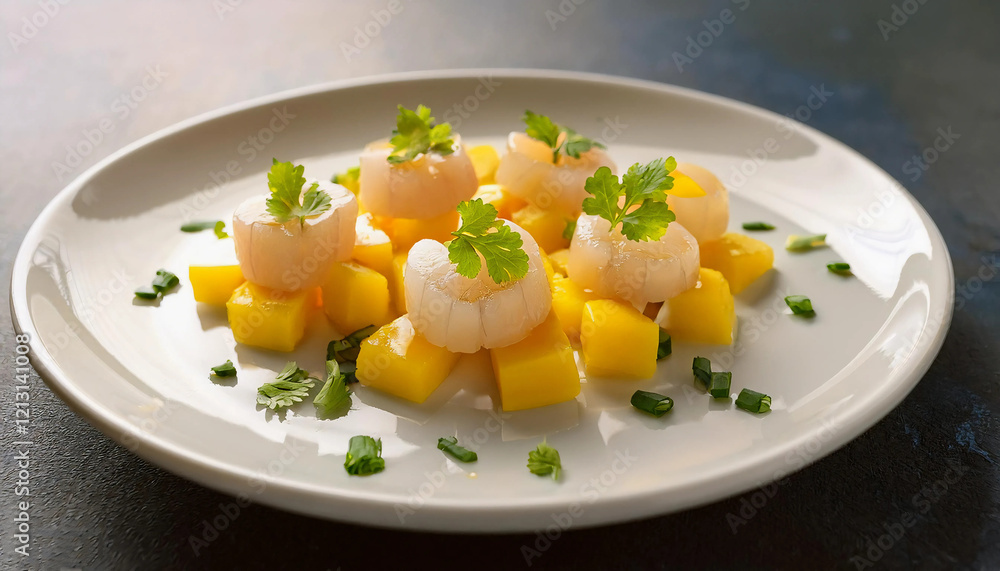 Delicate slices of scallop ceviche paired with diced mango, garnished with cilantro and a drizzle of citrus vinaigrette, styled on a pristine white plate with bright, natural lighting Delicate slices of scallop ceviche paired with diced mango, garnished with cilantro and a drizzle of citrus vinaigrette, styled on a pristine white plate with bright, natural lighting