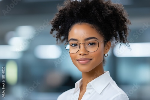 Smiling woman with curly hair and glasses wearing a white shirt in a brightly lit office space. corporate branding and professional imagery photo