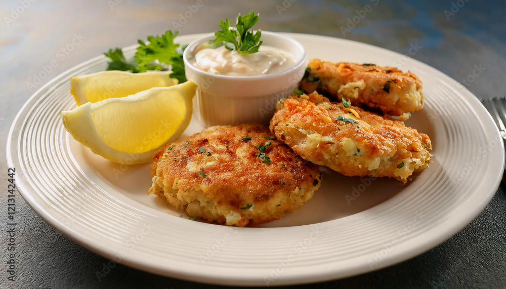 Golden brown crab cakes served with a dollop of remoulade sauce, garnished with lemon wedges and parsley, styled on a clean white plate with a bright, fresh presentation Golden brown crab cakes served with a dollop of remoulade sauce, garnished with lemon wedges and parsley, styled on a clean white plate with a bright, fresh presentation