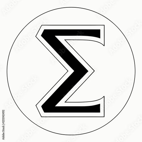 Minimalist black Sigma symbol within circular frame against white background. Concept of mathematics, statistics, science education.