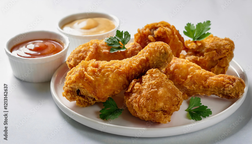 Golden, crispy fried chicken drumsticks arranged on a white plate with dipping sauces, garnished with parsley. Perfect for casual dining visuals, fast food themes, family-friendly content Golden, crispy fried chicken drumsticks arranged on a white plate with dipping sauces, garnished with parsley. Perfect for casual dining visuals, fast food themes, family-friendly content