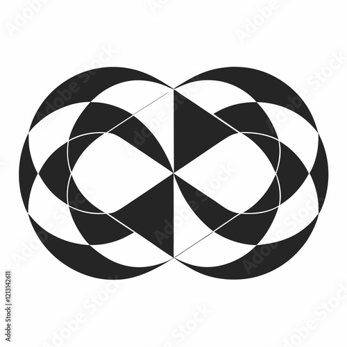 Abstract black and white interlocking circles creating infinity pattern. Concept of unity, harmony, mathematical elegance