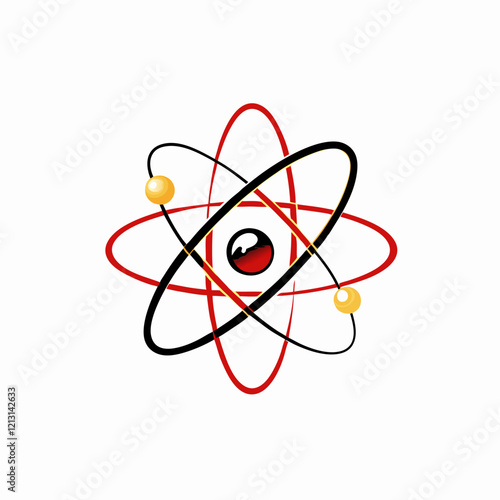 Stylized atom with orbiting electrons on white background. Scientific illustration showing nucleus and orbital paths. Concept of physics, chemistry, nuclear science.