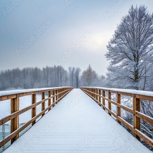 Snowy wooden bridge on a winter day photo