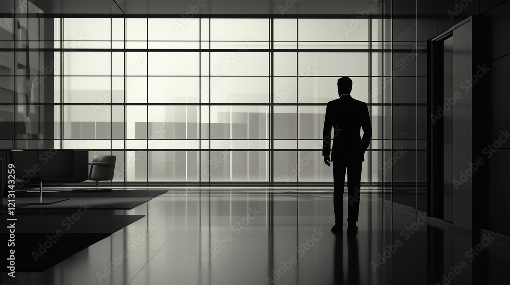 A sleek and minimalist scene featuring the silhouette of an executive in a modern office space with glass walls and muted lighting. A sleek and minimalist scene featuring the silhouette of an executive in a modern office space with glass walls and muted lighting.