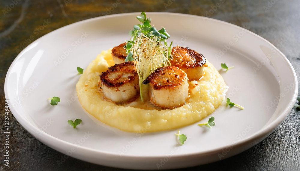 Perfectly pan-seared scallops arranged on a bed of creamy cauliflower purée, garnished with microgreens and a drizzle of lemon oil, styled on a pristine white plate. Perfectly pan-seared scallops arranged on a bed of creamy cauliflower purée, garnished with microgreens and a drizzle of lemon oil, styled on a pristine white plate.