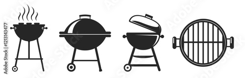 BBQ grill icons with smoke on transparent background. BBQ black sign flat trendy style simple illustration