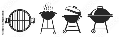 BBQ grill icons with smoke on transparent background. BBQ black sign flat trendy style simple illustration