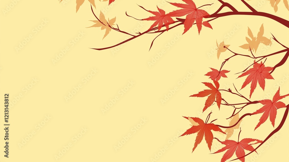 Minimalist illustration of red and orange maple leaves on a branch, set against a plain yellow background for seasonal designs. Minimalist illustration of red and orange maple leaves on a branch, set against a plain yellow background for seasonal designs.