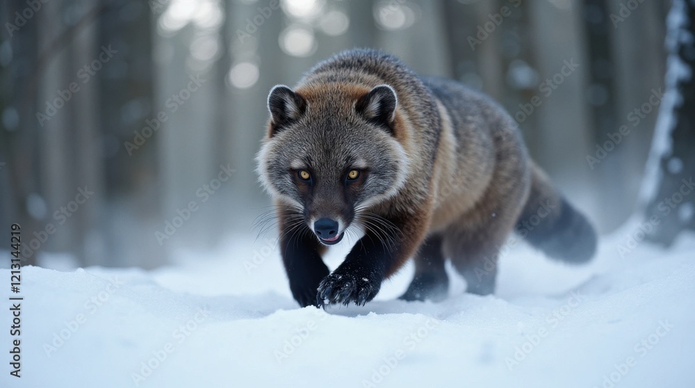 Fototapeta premium Wolverine Prowling in a Snowy Forest