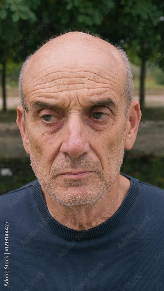 Serious Elderly Bald Man Looks Around Seated in Nature Park Serious Elderly Bald Man Looks Around Seated in Nature Park