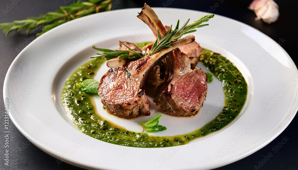 Tender sous vide lamb chops seared to perfection, served with a vibrant mint sauce and garnished with rosemary. Perfect for fine dining, upscale menus, or sophisticated meat photography Tender sous vide lamb chops seared to perfection, served with a vibrant mint sauce and garnished with rosemary. Perfect for fine dining, upscale menus, or sophisticated meat photography