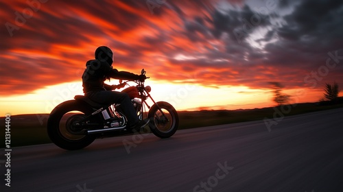 A motorcyclist rides along an open road, silhouetted against a dramatic sunset with vibrant orange and red clouds. photo