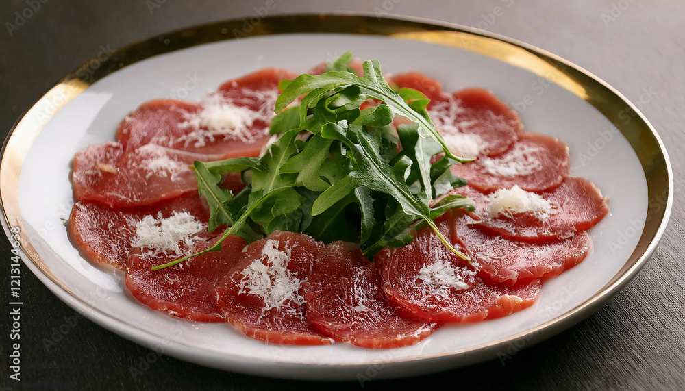 Thin slices of beef carpaccio drizzled with olive oil, topped with shavings of parmesan and fresh arugula, styled on a modern white plate with a refined presentation. Thin slices of beef carpaccio drizzled with olive oil, topped with shavings of parmesan and fresh arugula, styled on a modern white plate with a refined presentation.