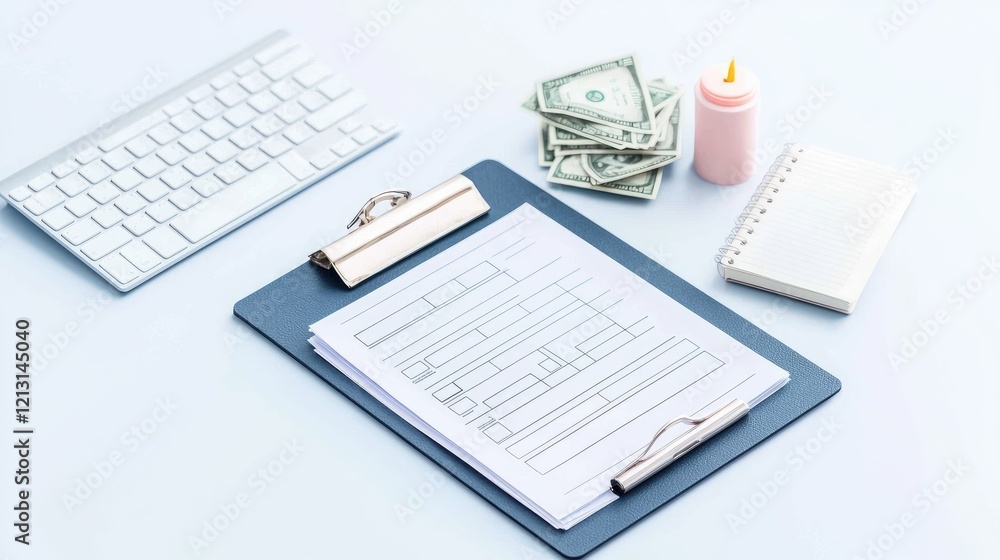Obraz premium Clipboard with financial document, keyboard, cash, and baby bottle on a bright desk, representing maternity leave costs.