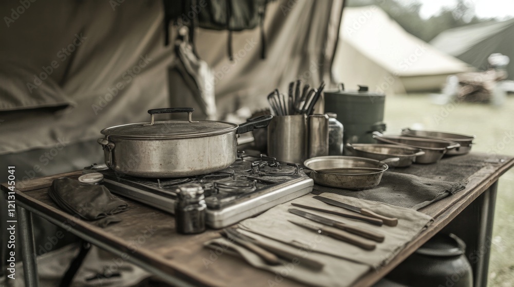 Camping cookware and utensils on a table inside a tent. Camping cookware and utensils on a table inside a tent.