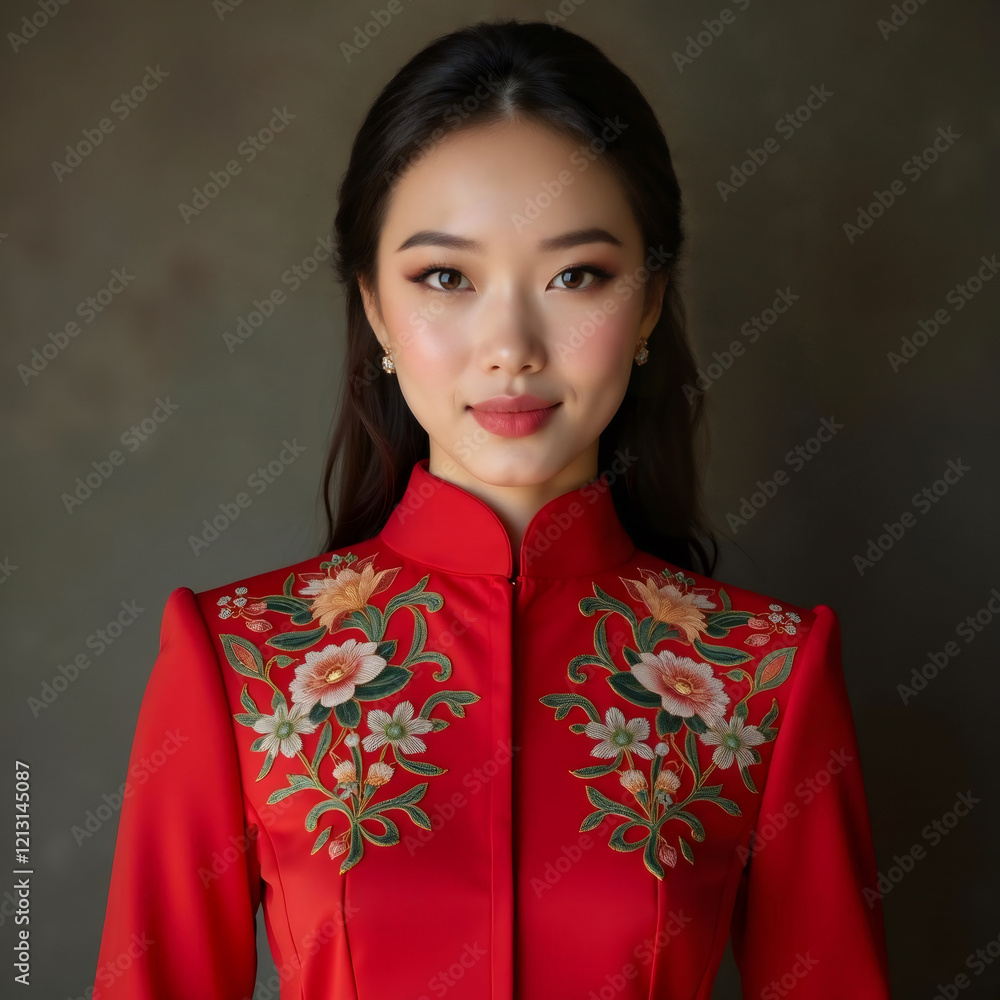 A vibrant red embroidered garment with intricate floral patterns creating an elegant design