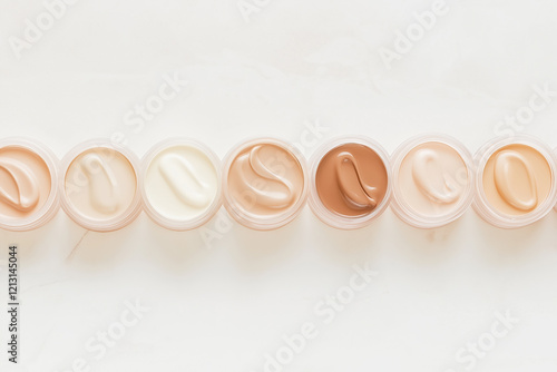 Various shades of foundation in small containers arranged on a white background for color matching and beauty application photo