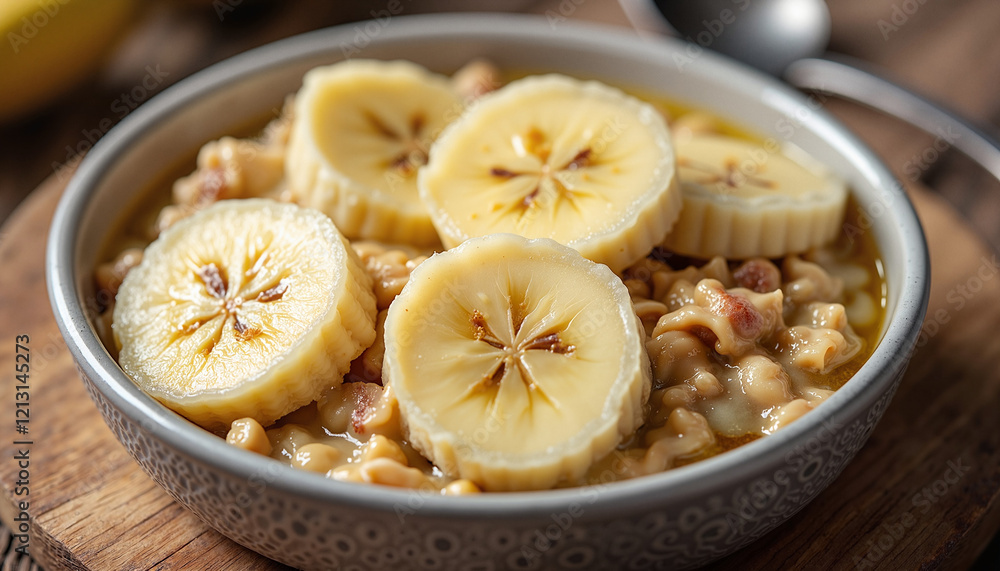 Creamy oatmeal with sliced bananas in gray bowl Creamy oatmeal with sliced bananas in gray bowl