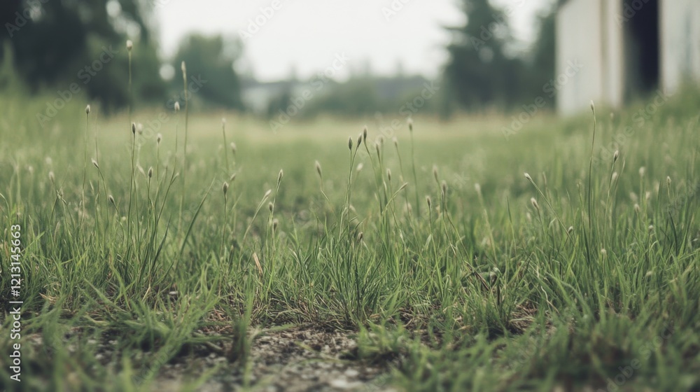 Close-up of green grass blades and small plants in a field. Close-up of green grass blades and small plants in a field.