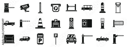 Underground parking lot icons set. Parking area icons depict various elements of parking management, including entry and exit barriers, security measures, payment methods, and vehicle types