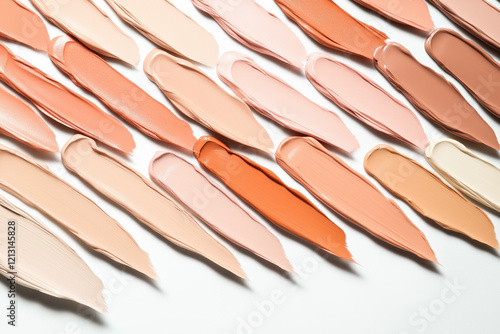 Variety of skin tone shades displayed on a white surface for makeup selection and artistry