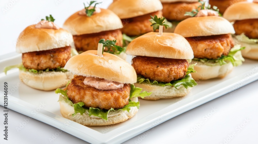 A platter of gourmet sliders with mini crab cakes, remoulade sauce, and lettuce on brioche buns A platter of gourmet sliders with mini crab cakes, remoulade sauce, and lettuce on brioche buns