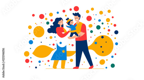 vibrant vector illustration, simple colors and shapes, flat design, happy caucasian family with father mother and child, isolated on white. Togetherness concept.