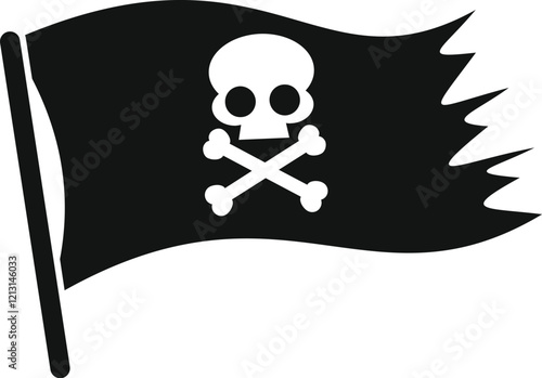 Jolly roger waving, black flag with skull and crossbones symbol of piracy