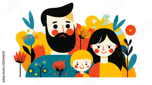 vibrant vector illustration, simple colors and shapes, flat design, happy caucasian family with father mother and child, isolated on white. Togetherness concept.