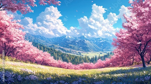 A field cherry blossoms at peak bloom, surrounded by naturea??s serenity. photo